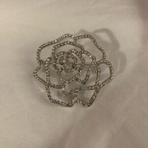 Sparkly Silver Toned Rose Brooch